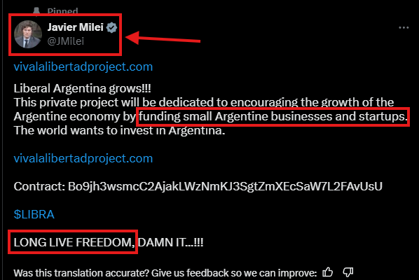 LIBRA मीम कॉइन के बारे में राष्ट्रपति Milei का हटाया गया ट्वीट