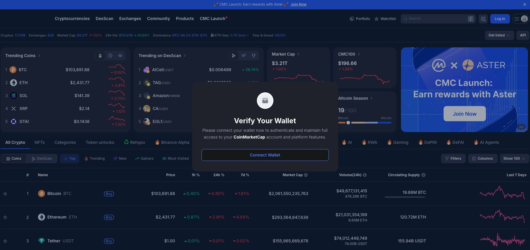 CoinMarketCap होमपेज पर दुर्भावनापूर्ण पॉप-अप संदेश।
