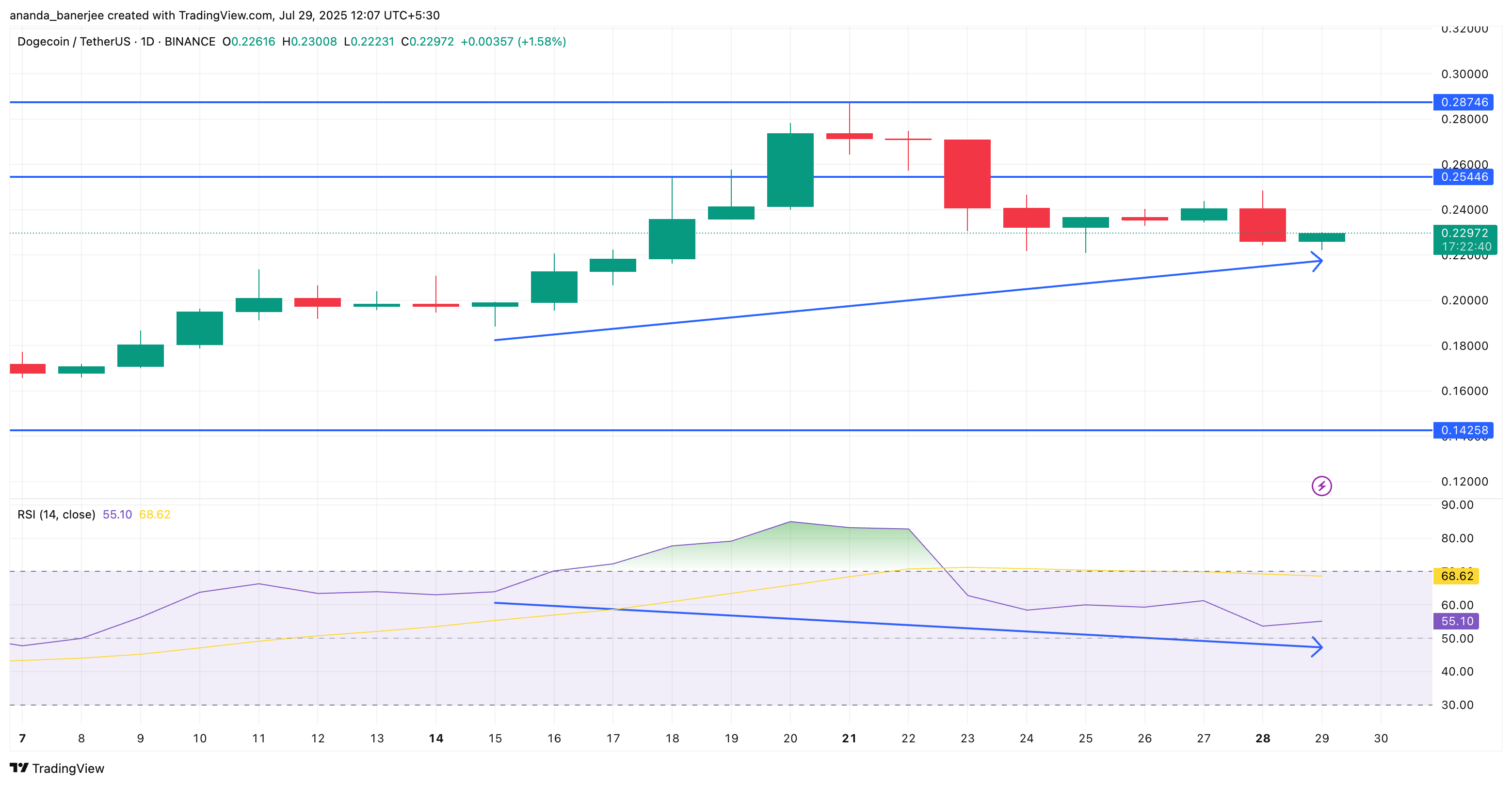 DOGE प्राइस और RSI डाइवर्जेंस