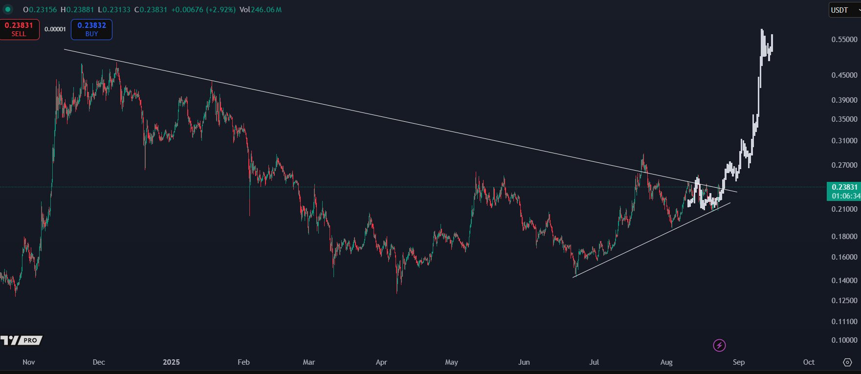 DOGE प्राइस के साथ Symmetrical Triangle पैटर्न। स्रोत: KALEO।